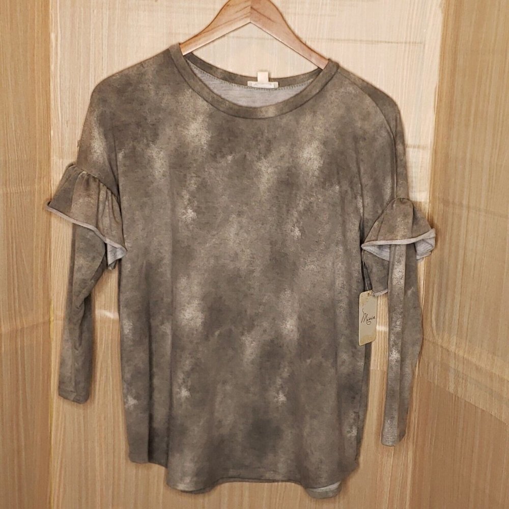 Misia Womens New Grey Tie Dye Top With Ruffle Sleeve Medium